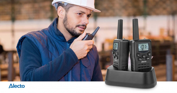 Alecto Walkie-Talkie Set | 2 Handsets | Up to 10 km | Frequency channels: 8 | PTT / VOX | 24 h standby| Charging base included | Headphone output | Black