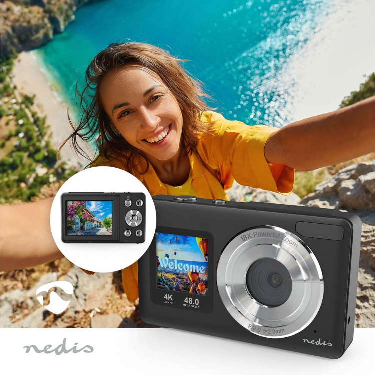 Nedis Digital Photo Camera | Dual Screen | 48 MPixel | 4K@30fps | 5 MPixel CMOS | Black