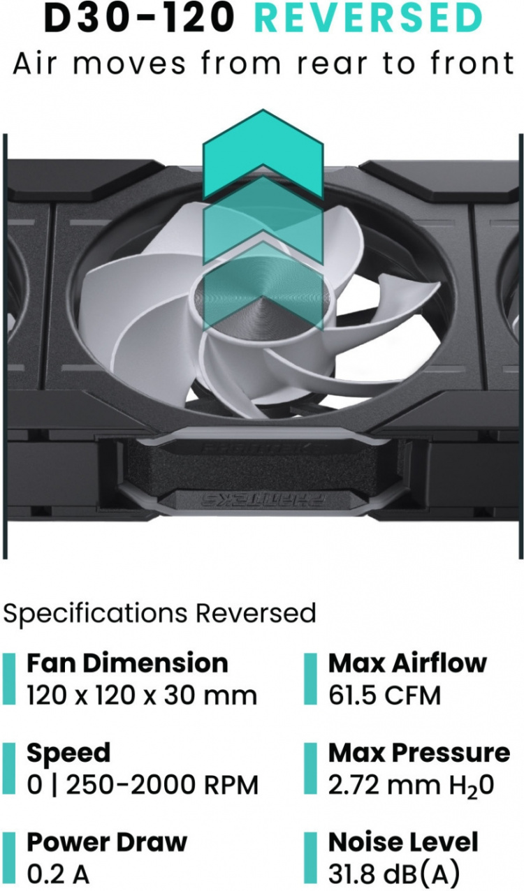 Phanteks D30-120 Reversed Airflow D-RGB PWM Fan, Black, 120 mm