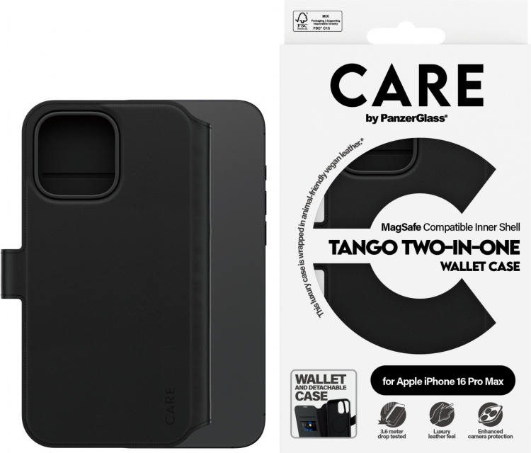 PanzerGlass CARE by PanzerGlass Tango Two-in-One Wallet Case (MagSafe-compatible), Apple iPhone 16 Pro Max, Black