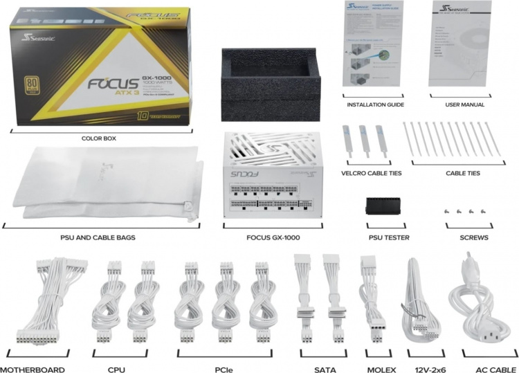 Seasonic FOCUS GX-1000 ATX 3.1 (2024) Power Supply, White, 1000W